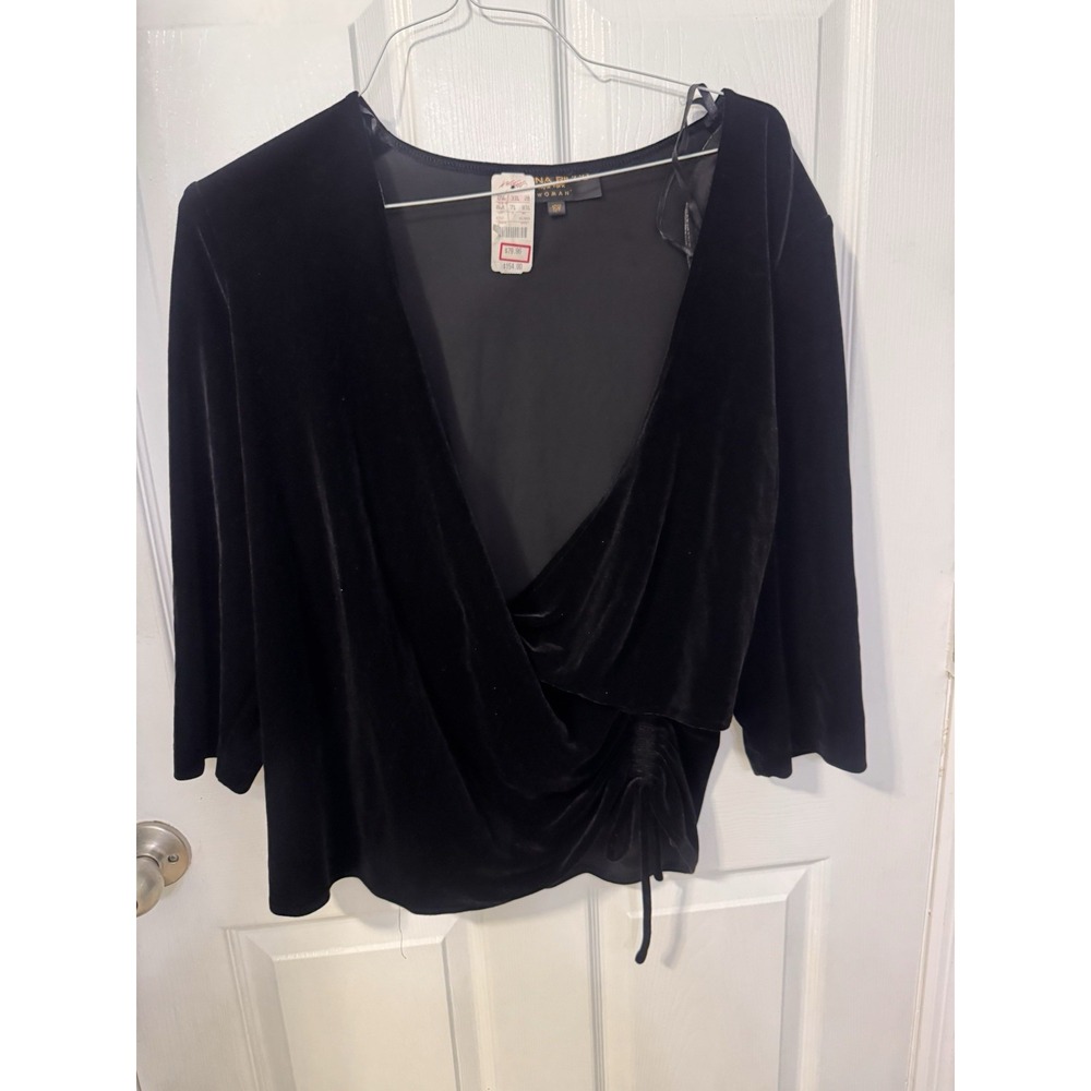 Vtg Donna Ricco NY Women's 16w Black Velvet Surplice Ruched 3/4 Sleeves Top NWT